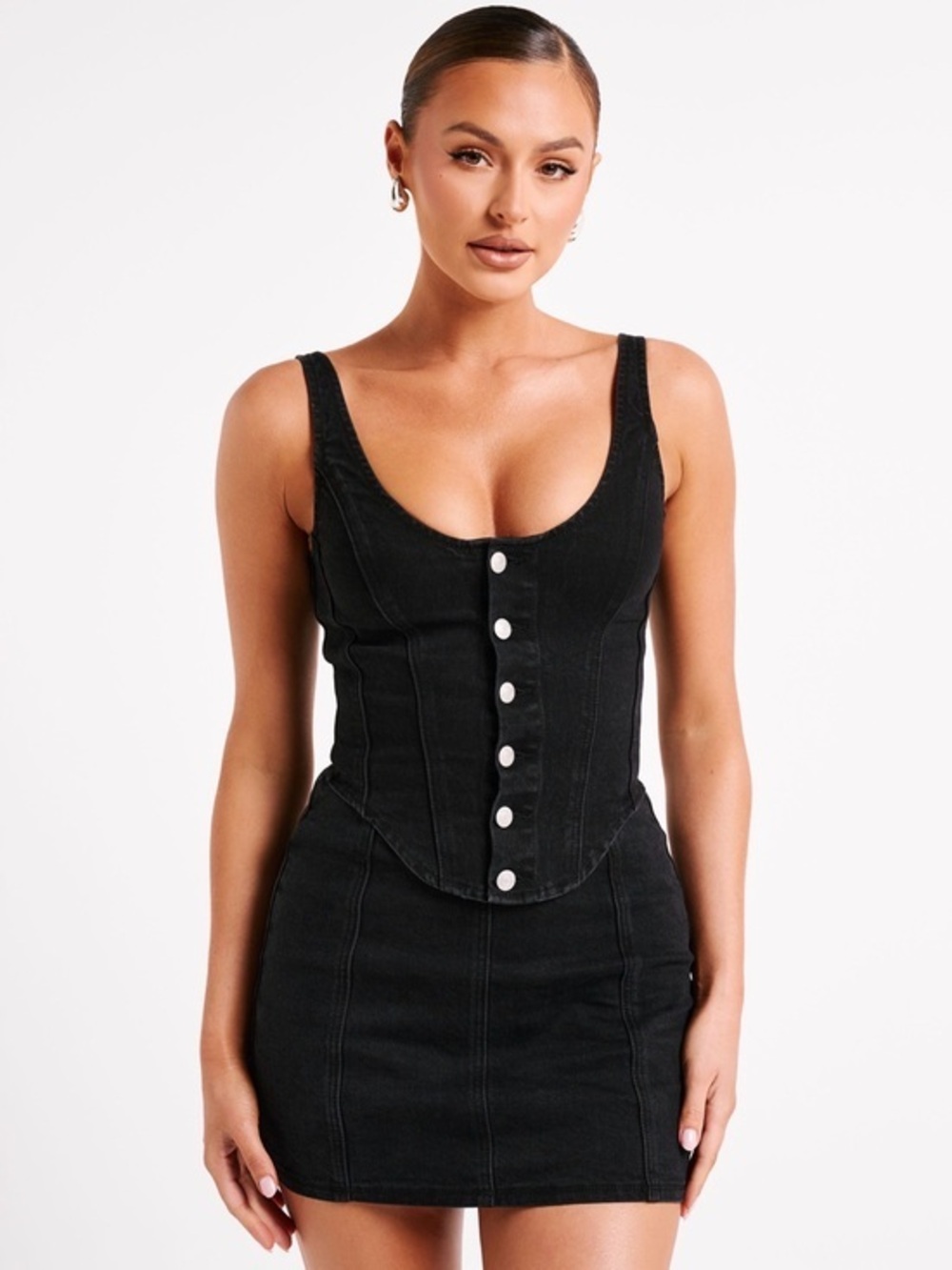 MESHKI Leilani Washed Black Denim Corset Top Size S Button Front